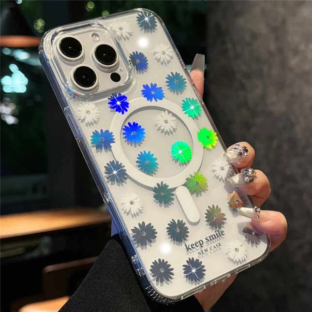 For iPhone 16 Pro Max Case Compatible with MagSafe Laser Flower PC+TPU Clear Phone Cover - Little Daisies