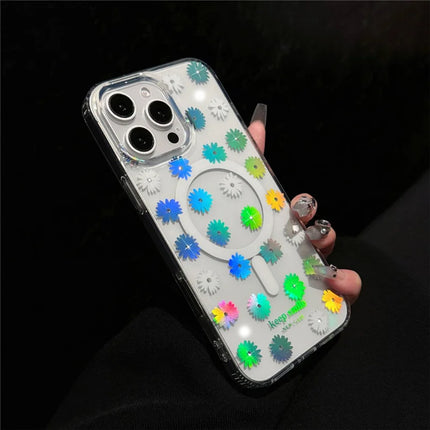 For iPhone 16 Pro Max Case Compatible with MagSafe Laser Flower PC+TPU Clear Phone Cover