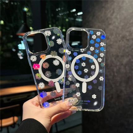 For iPhone 16 Pro Max Case Compatible with MagSafe Laser Flower PC+TPU Clear Phone Cover