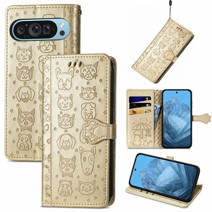 For Google Pixel 9 Pro XL Case Leather Wallet Flip Phone Cover Cute Cat Dog Pattern