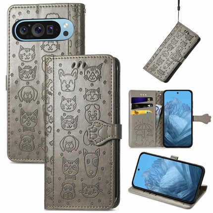 For Google Pixel 9 Pro XL Case Leather Wallet Flip Phone Cover Cute Cat Dog Pattern