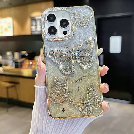 For iPhone 16 Pro Case Rhinestones Decor 3D Butterfly TPU Phone Cover with Glitter Paper - Gold