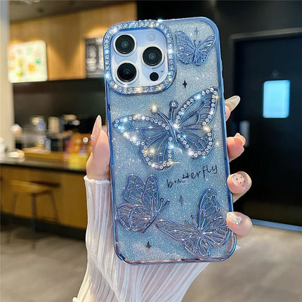 For iPhone 16 Pro Max Case Rhinestones Decor 3D Butterfly TPU Phone Cover with Glitter Paper