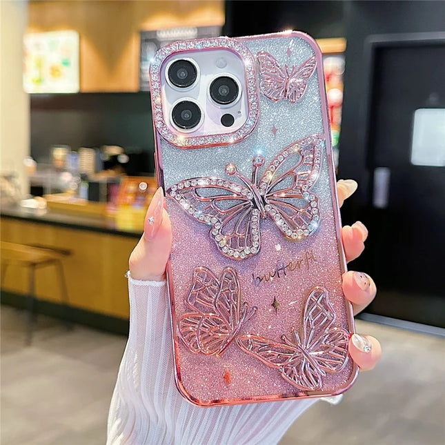 For iPhone 16 Pro Max Case Rhinestones Decor 3D Butterfly TPU Phone Cover with Glitter Paper - Pink
