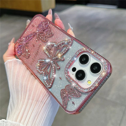 For iPhone 16 Pro Max Case Rhinestones Decor 3D Butterfly TPU Phone Cover with Glitter Paper