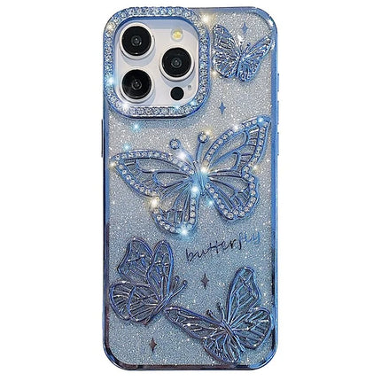 For iPhone 16 Pro Max Case Rhinestones Decor 3D Butterfly TPU Phone Cover with Glitter Paper