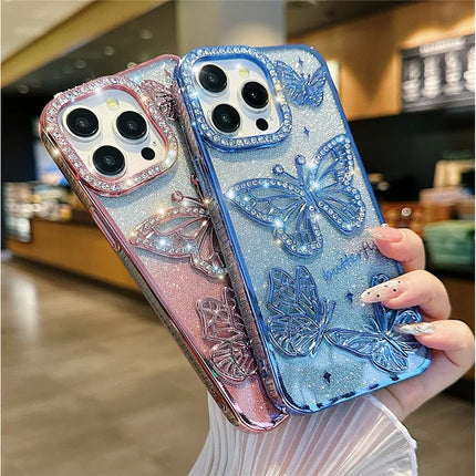 For iPhone 16 Pro Max Case Rhinestones Decor 3D Butterfly TPU Phone Cover with Glitter Paper