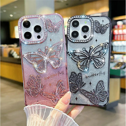 For iPhone 16 Pro Max Case Rhinestones Decor 3D Butterfly TPU Phone Cover with Glitter Paper