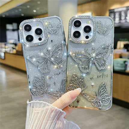 For iPhone 16 Pro Max Case Rhinestones Decor 3D Butterfly TPU Phone Cover with Glitter Paper