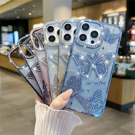 For iPhone 16 Pro Max Case Rhinestones Decor 3D Butterfly TPU Phone Cover with Glitter Paper