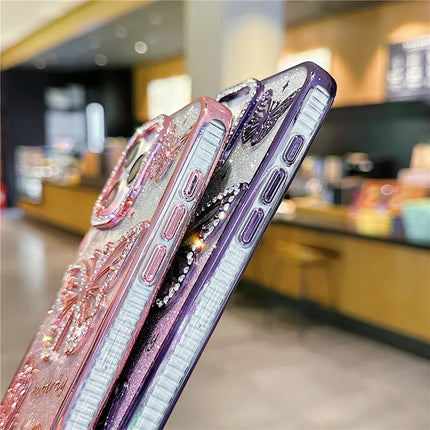 For iPhone 16 Pro Max Case Rhinestones Decor 3D Butterfly TPU Phone Cover with Glitter Paper