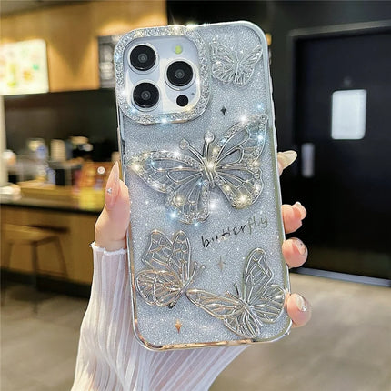 For iPhone 16 Pro Max Case Rhinestones Decor 3D Butterfly TPU Phone Cover with Glitter Paper - Silver