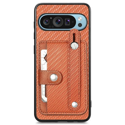 For Google Pixel 9 Pro XL Case Wristband Anti-Drop Leather Back Cover Card Holder - Brown