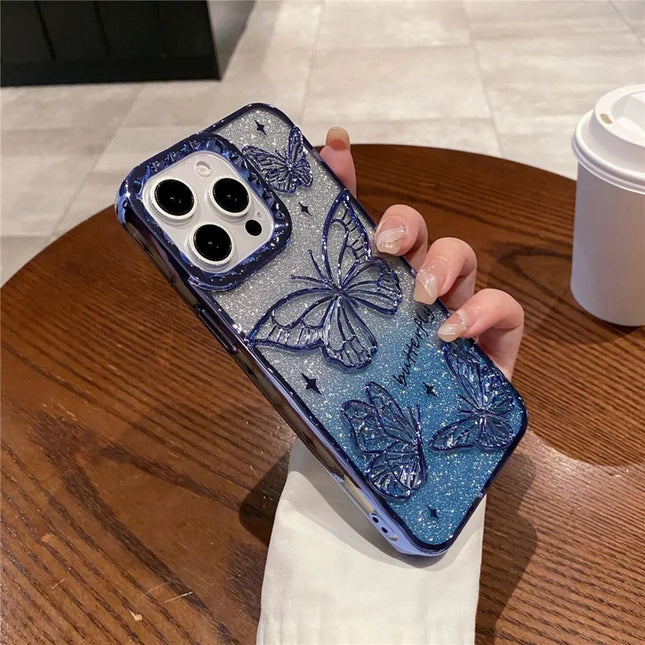 For iPhone 16 Pro Max Case 3D Butterfly TPU Phone Cover with Gradient Glitter Paper - Blue