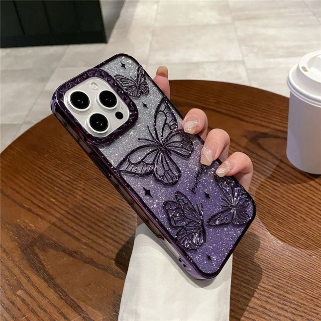 For iPhone 16 Pro Max Case 3D Butterfly TPU Phone Cover with Gradient Glitter Paper - Purple