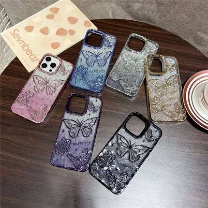For iPhone 16 Pro Case 3D Butterfly TPU Phone Cover with Gradient Glitter Paper
