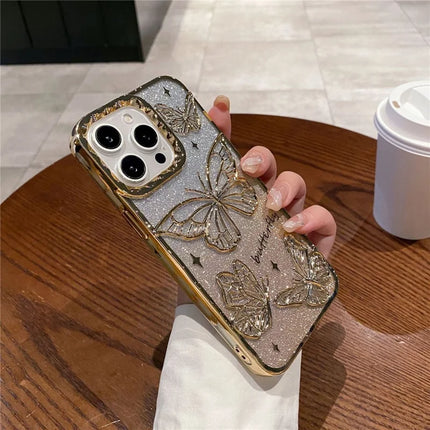 For iPhone 16 Pro Case 3D Butterfly TPU Phone Cover with Gradient Glitter Paper - Gold