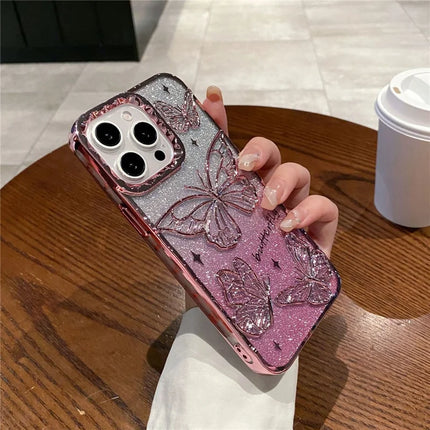 For iPhone 16 Pro Case 3D Butterfly TPU Phone Cover with Gradient Glitter Paper - Pink