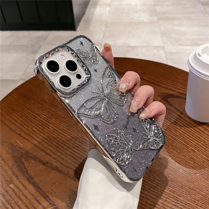 For iPhone 16 Pro Case 3D Butterfly TPU Phone Cover with Gradient Glitter Paper - Silver