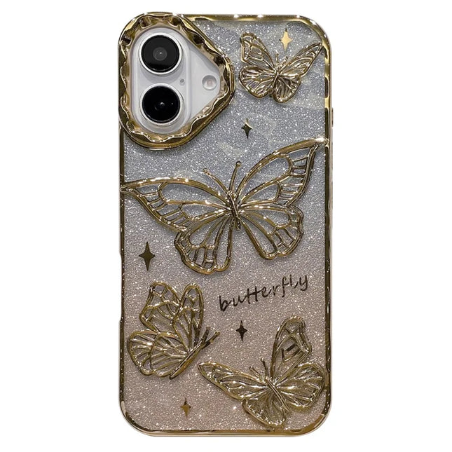 For iPhone 16 Plus Case 3D Butterfly TPU Phone Cover with Gradient Glitter Paper - Gold
