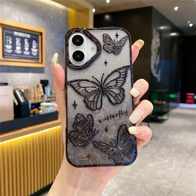 For iPhone 16 Plus Case 3D Butterfly TPU Phone Cover with Gradient Glitter Paper - Black
