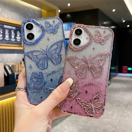 For iPhone 16 Plus Case 3D Butterfly TPU Phone Cover with Gradient Glitter Paper