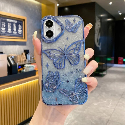 For iPhone 16 Plus Case 3D Butterfly TPU Phone Cover with Gradient Glitter Paper - Blue