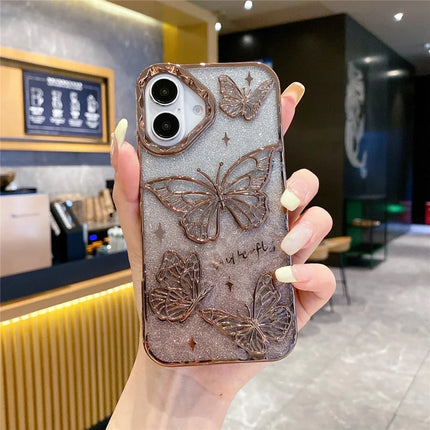 For iPhone 16 Plus Case 3D Butterfly TPU Phone Cover with Gradient Glitter Paper - Desert Gold