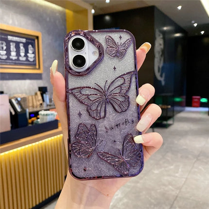 For iPhone 16 Plus Case 3D Butterfly TPU Phone Cover with Gradient Glitter Paper - Purple