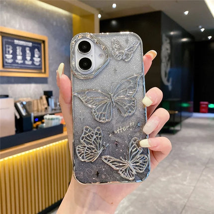 For iPhone 16 Case 3D Butterfly TPU Phone Cover with Gradient Glitter Paper - Silver