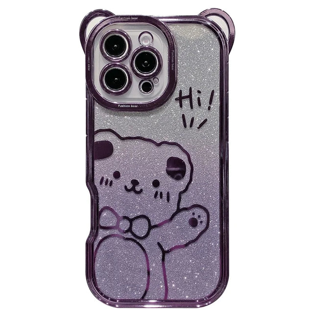 For iPhone 16 Pro Max Case Cute Bear Electroplating TPU Phone Cover with Gradient Glitter Paper - Purple