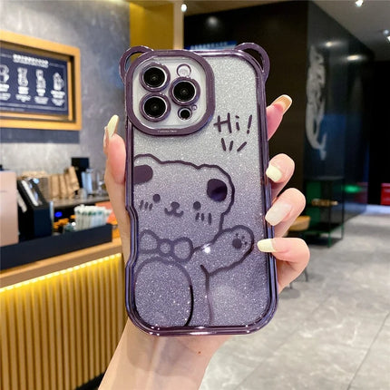 For iPhone 16 Pro Max Case Cute Bear Electroplating TPU Phone Cover with Gradient Glitter Paper