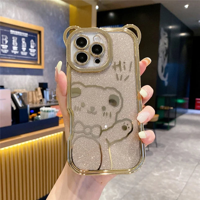 For iPhone 16 Pro Max Case Cute Bear Electroplating TPU Phone Cover with Gradient Glitter Paper - Gold