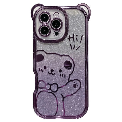 For iPhone 16 Pro Max Case Cute Bear Electroplating TPU Phone Cover with Gradient Glitter Paper