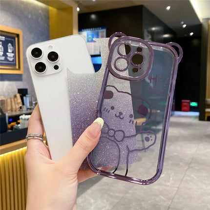 For iPhone 16 Pro Max Case Cute Bear Electroplating TPU Phone Cover with Gradient Glitter Paper