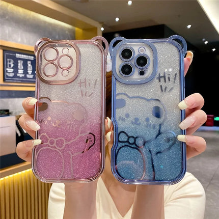 For iPhone 16 Pro Max Case Cute Bear Electroplating TPU Phone Cover with Gradient Glitter Paper
