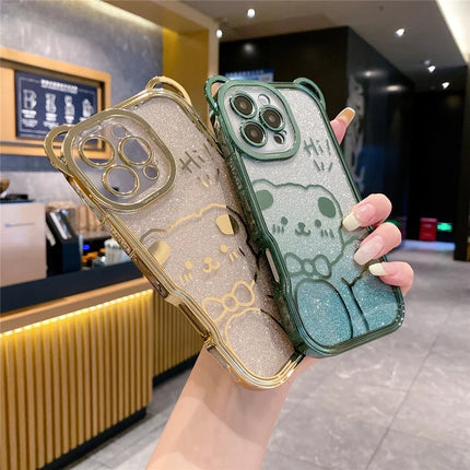 For iPhone 16 Pro Max Case Cute Bear Electroplating TPU Phone Cover with Gradient Glitter Paper