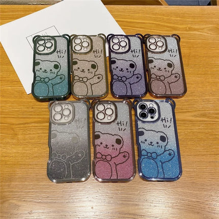 For iPhone 16 Pro Max Case Cute Bear Electroplating TPU Phone Cover with Gradient Glitter Paper