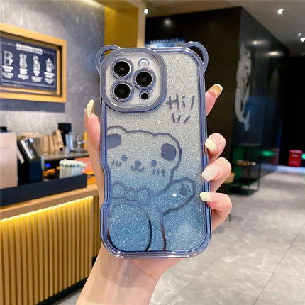 For iPhone 16 Pro Max Case Cute Bear Electroplating TPU Phone Cover with Gradient Glitter Paper - Blue