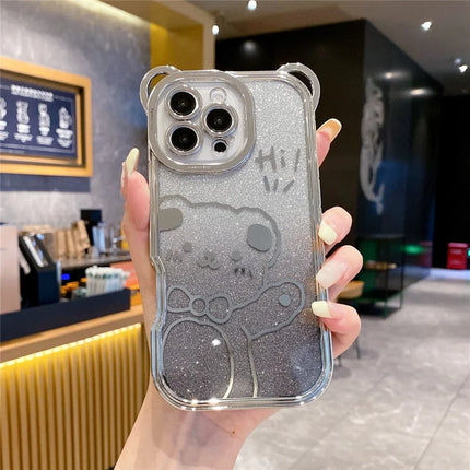 For iPhone 16 Pro Max Case Cute Bear Electroplating TPU Phone Cover with Gradient Glitter Paper - Silver