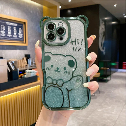 For iPhone 16 Pro Max Case Cute Bear Electroplating TPU Phone Cover with Gradient Glitter Paper - Green