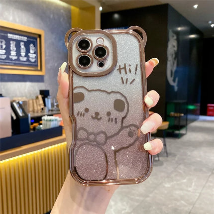 For iPhone 16 Pro Max Case Cute Bear Electroplating TPU Phone Cover with Gradient Glitter Paper - Bronze