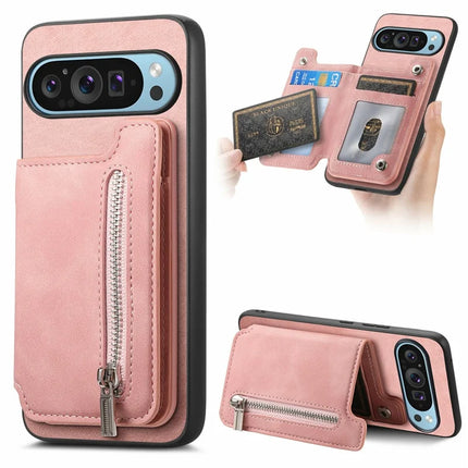 For Google Pixel 9 Pro XL Case Magnetic Detachable Zipper Card Holder Leather+TPU Phone Cover - Pink