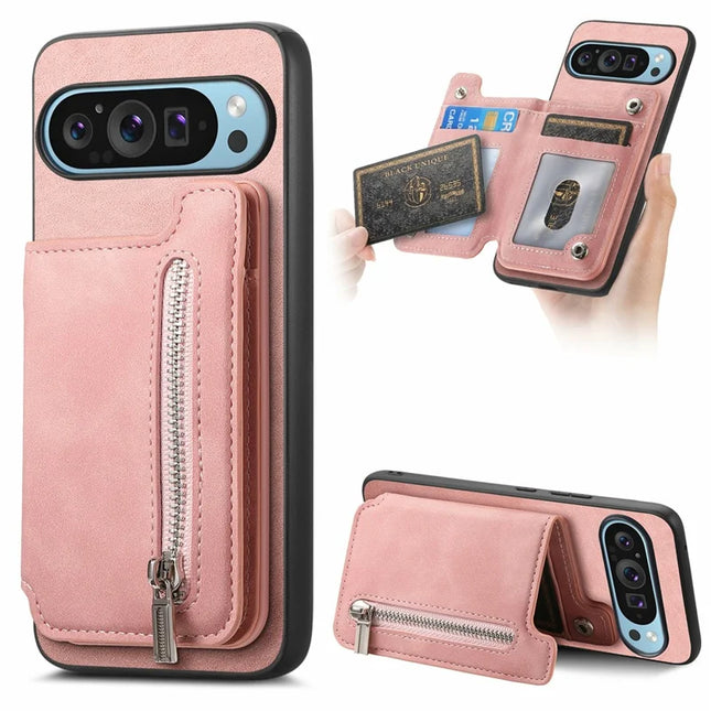 For Google Pixel 9 Pro XL Case Magnetic Detachable Zipper Card Holder Leather+TPU Phone Cover - Pink