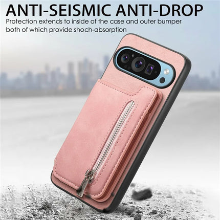 For Google Pixel 9 Pro XL Case Magnetic Detachable Zipper Card Holder Leather+TPU Phone Cover