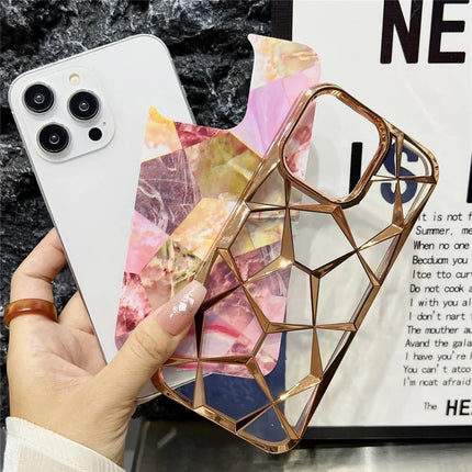 For iPhone 16 Pro Max Case Electroplating Rhombus Design TPU Phone Cover with Marble Pattern Paper