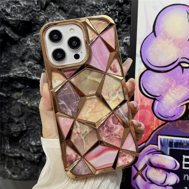 For iPhone 16 Pro Max Case Electroplating Rhombus Design TPU Phone Cover with Marble Pattern Paper - Gold