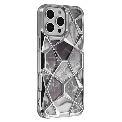 For iPhone 16 Pro Max Case Electroplating Rhombus Design TPU Phone Cover with Marble Pattern Paper - Silver