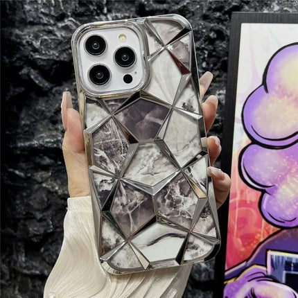 For iPhone 16 Pro Max Case Electroplating Rhombus Design TPU Phone Cover with Marble Pattern Paper