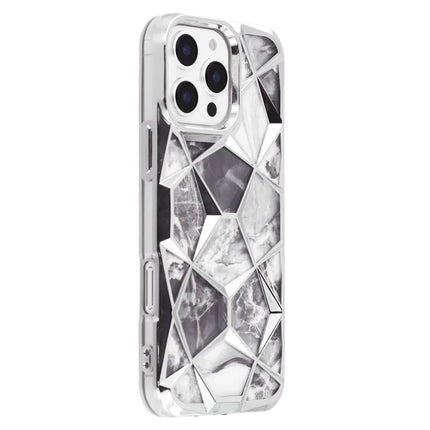 For iPhone 16 Pro Max Case Electroplating Rhombus Design TPU Phone Cover with Marble Pattern Paper